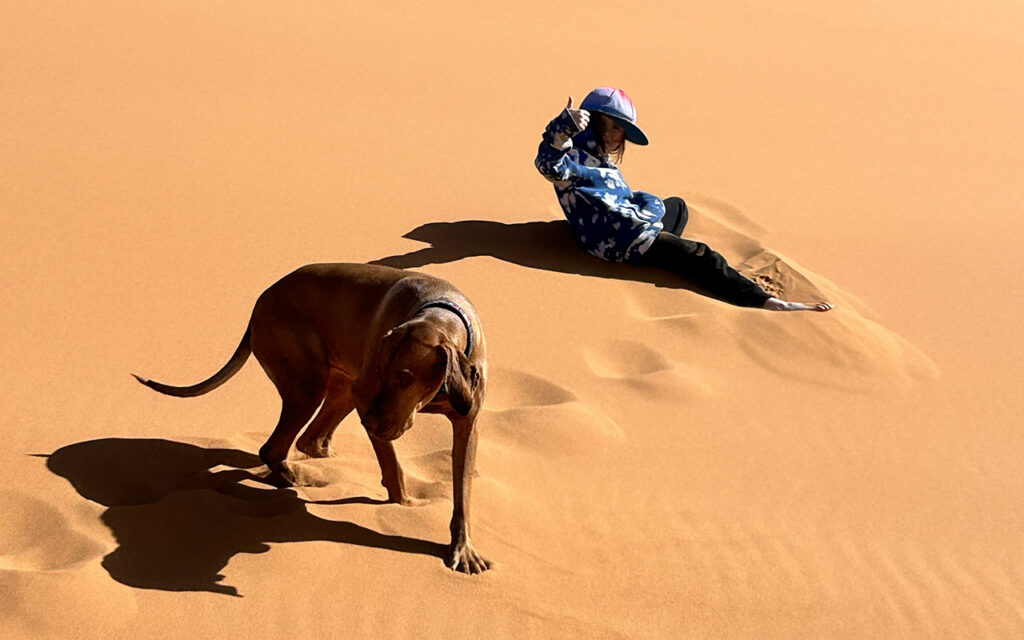 Kid playing with dog in dunes, Morocco desert.