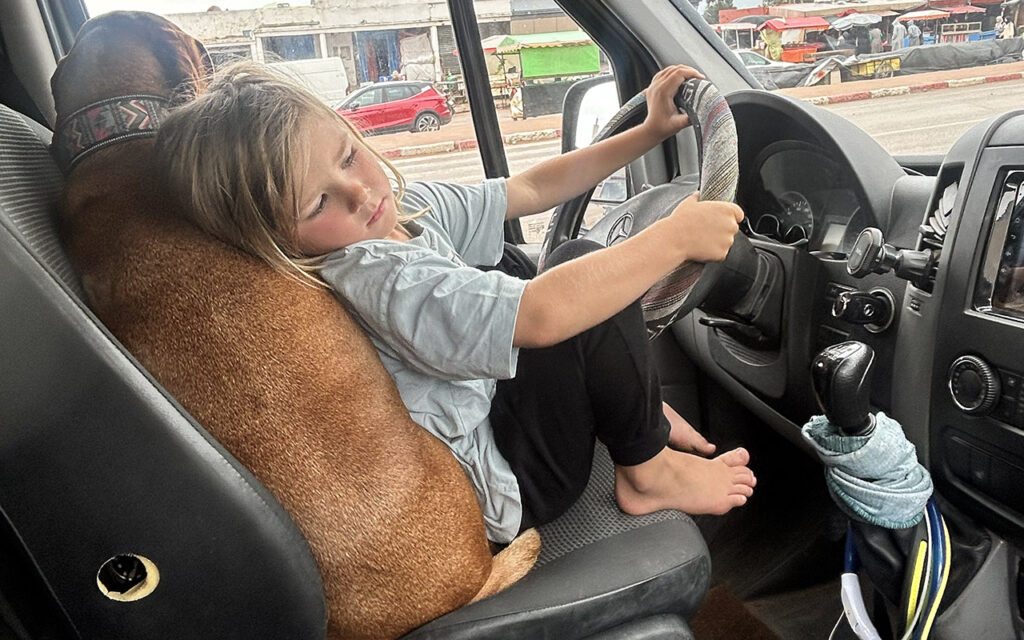 kid in the van with dog
