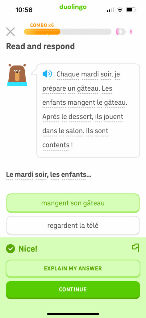 Duolingo app screen translating every Tuesday into French during a campervan trip.