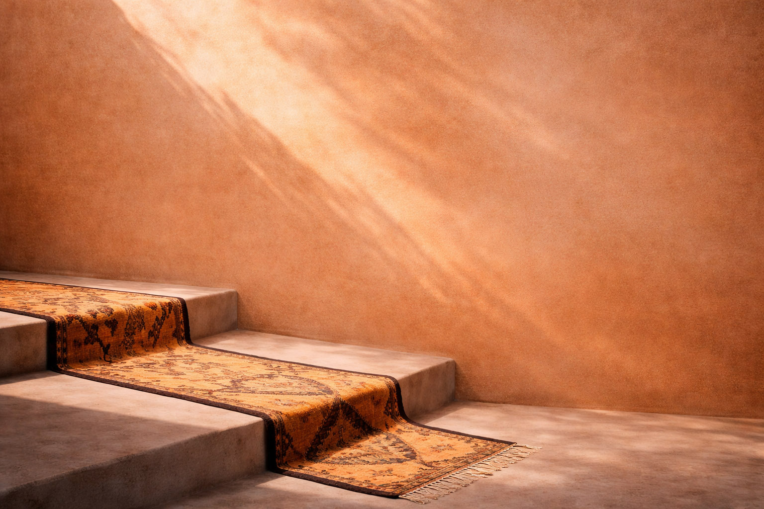 Traditional Moroccan carpet on stone stairs with sunlight shadows on a warm terracotta wall – Morocco Notes home page.