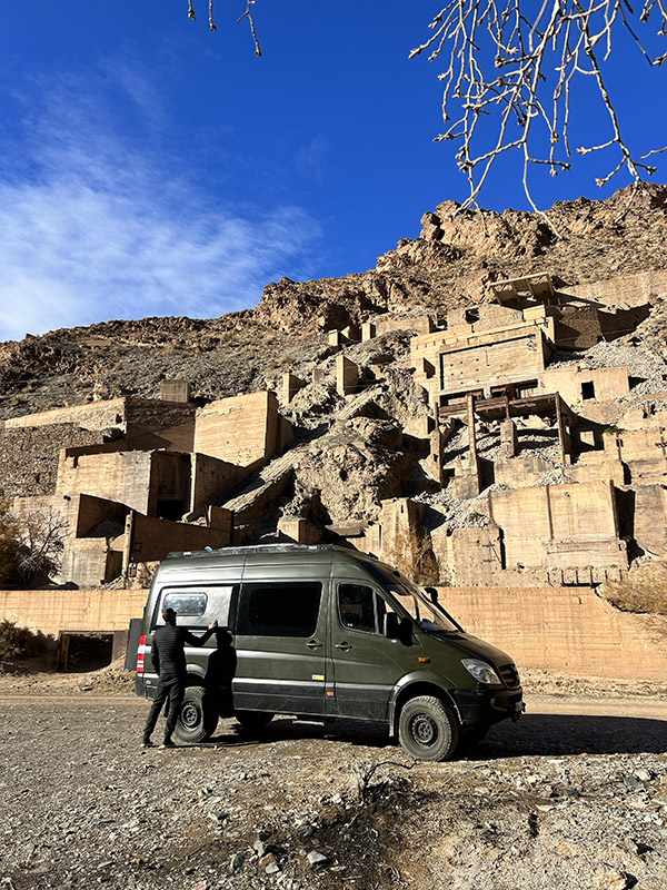 A green Sprinter camper van on an epic adventure in the Morocco