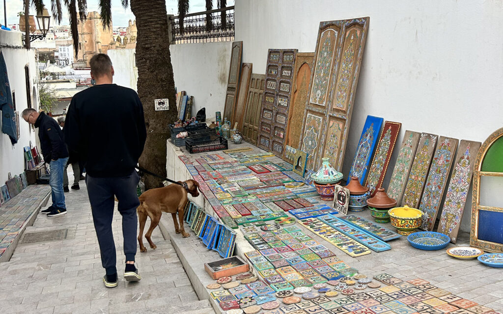 A man walking a Vizsla dog on a leash past colorful handcrafted tiles and painted wooden doors at an outdoor market in Morocco