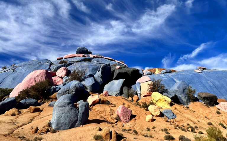 Painted rocks in Tafraoute, Morocco under a clear blue sky