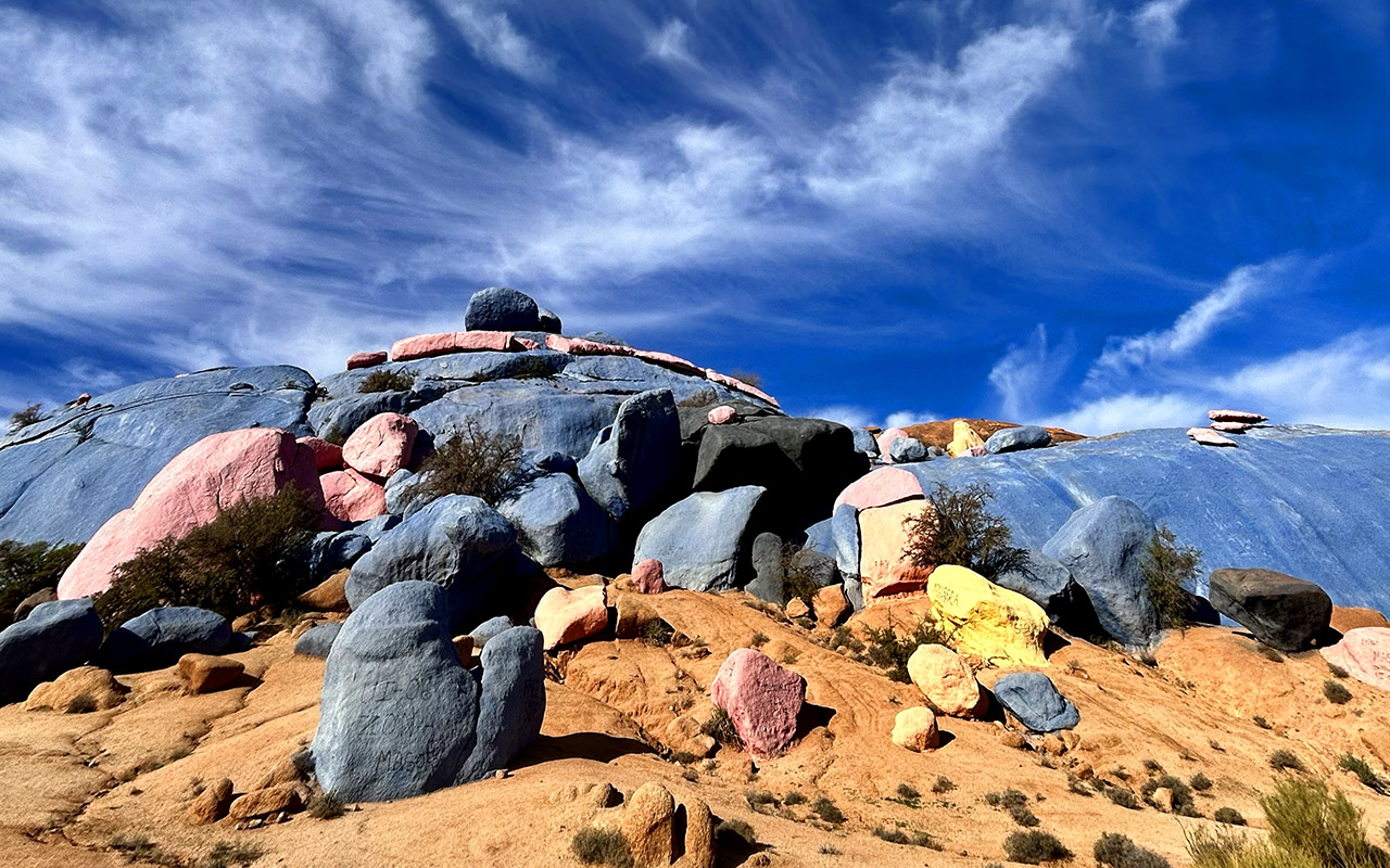 Painted rocks in Tafraoute, Morocco under a clear blue sky